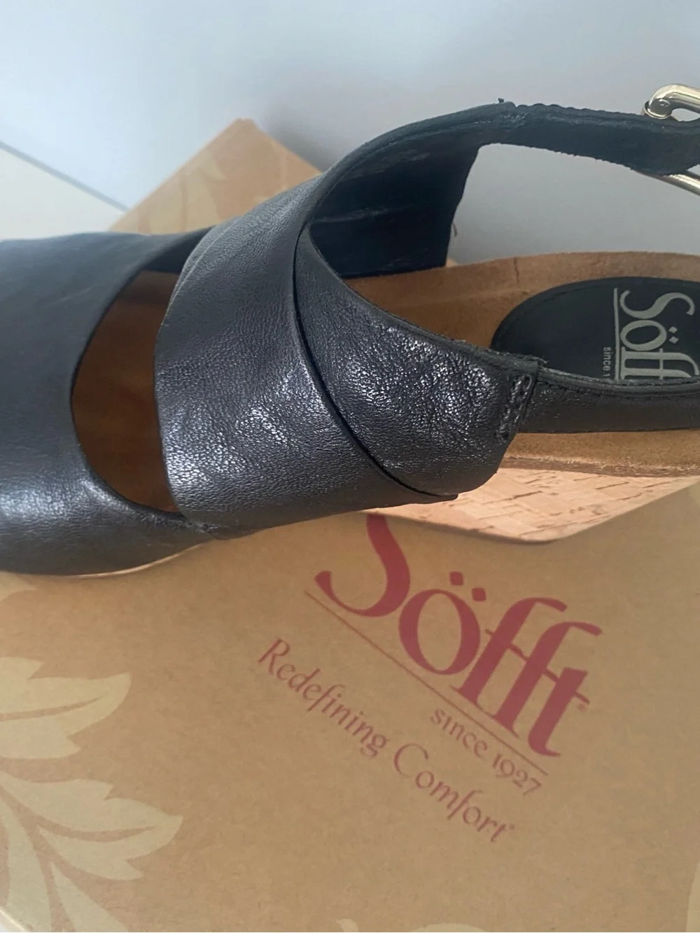 Sofft Black Leather Cork Wedge Slingback Sandals